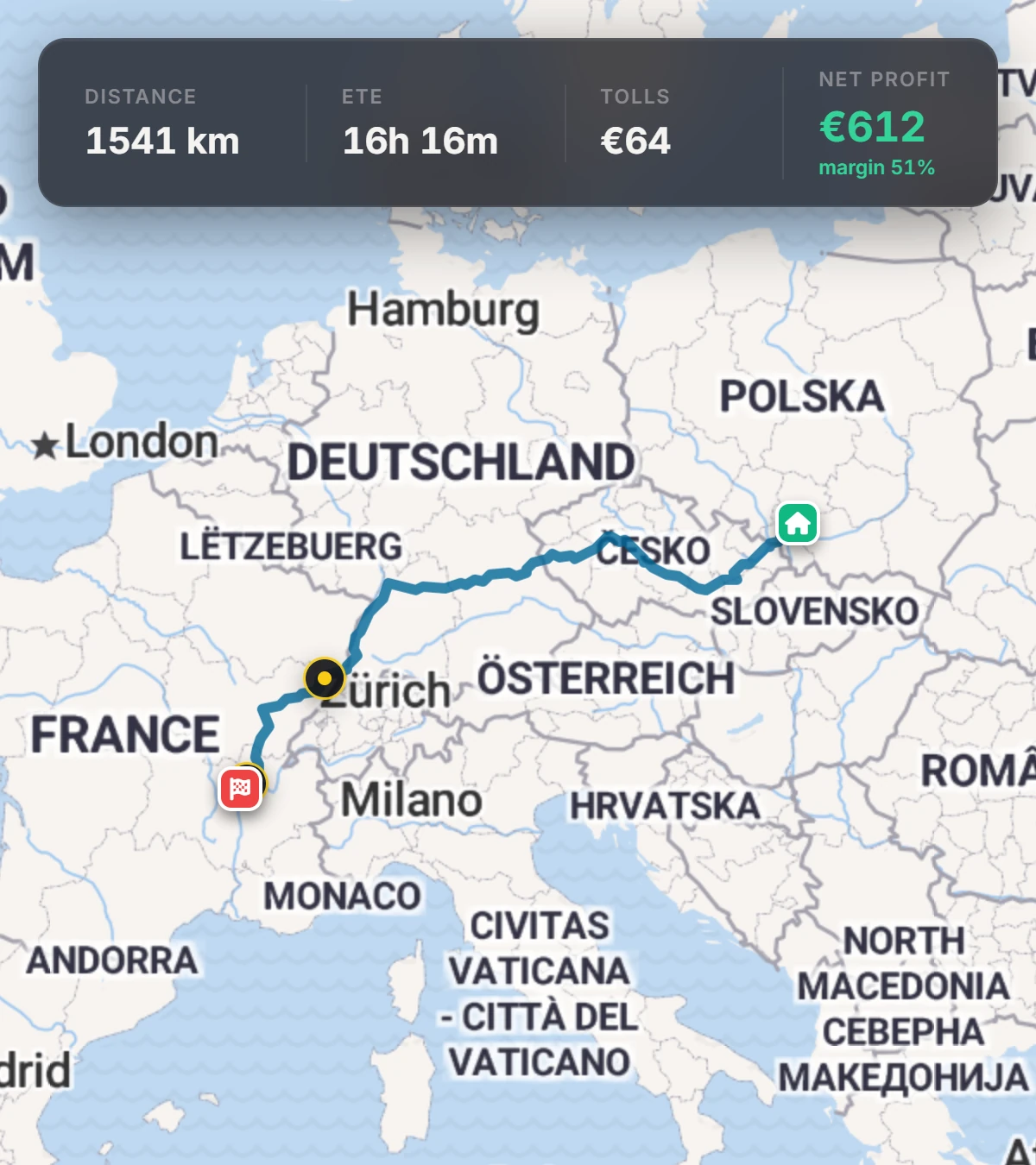 Emarox Map: trasa busem Katowice → Lyon, 1541 km, myto 64 €, zysk 612 €